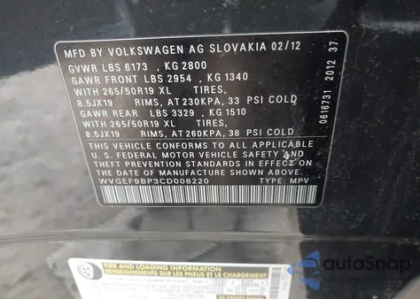 2012 Volkswagen Touareg Vr6 Lux z USA, uszkodzony, nr VIN WVGEF9BP3CD008220